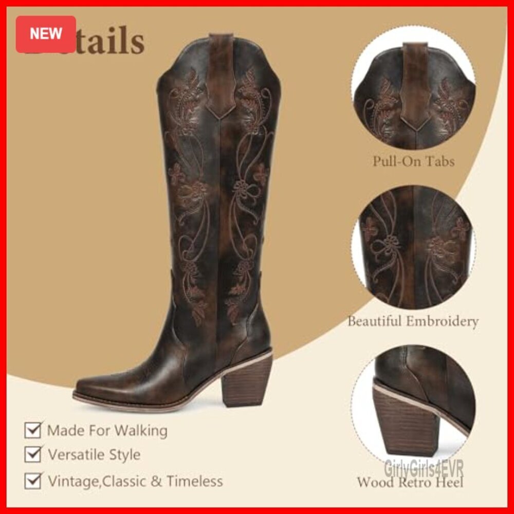 Knee High Western Boots Floral Embroidery Pointed Toe Block Heel Pull On - Picture 4 of 7